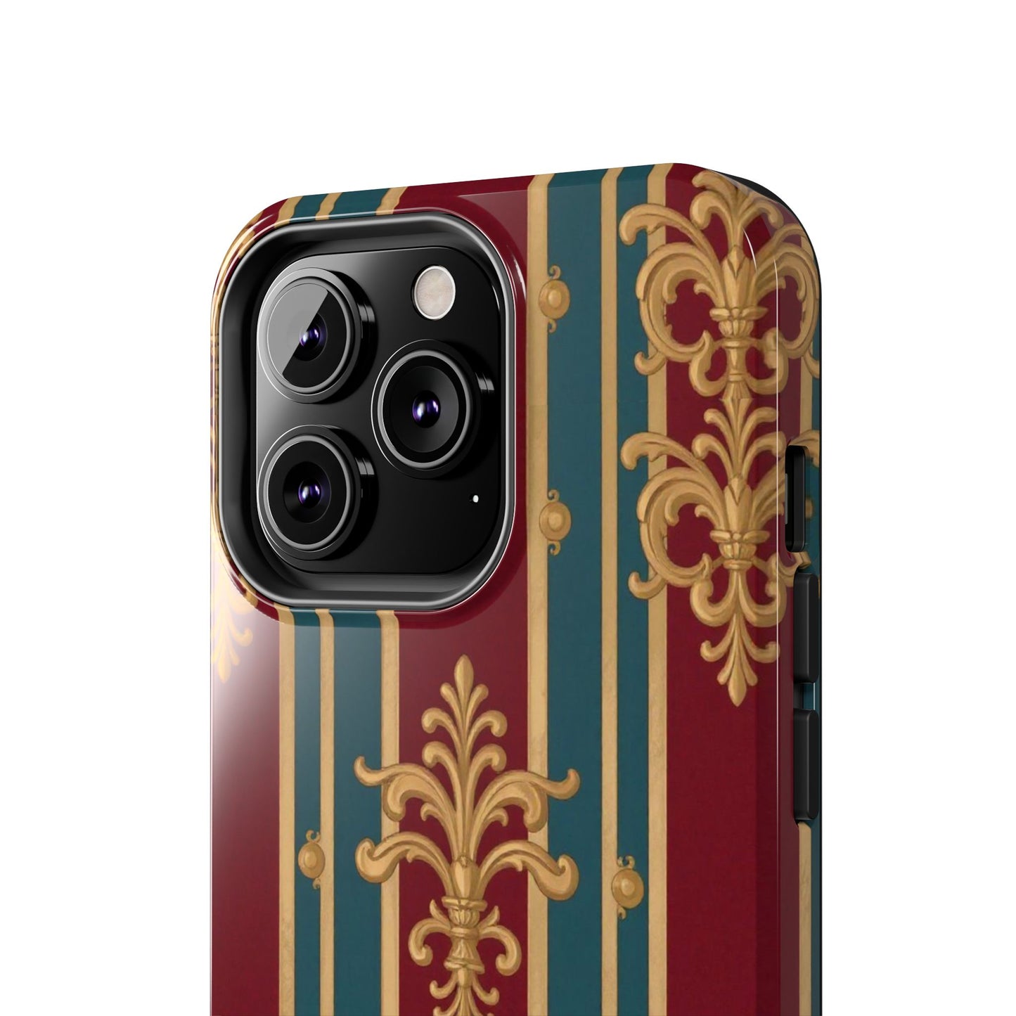 Elegant Vintage Tough Phone Case, Luxury Phone Protection, Stylish Phone Cover, Durable Phone Accessory - Burgundy Striped Gold Baroque