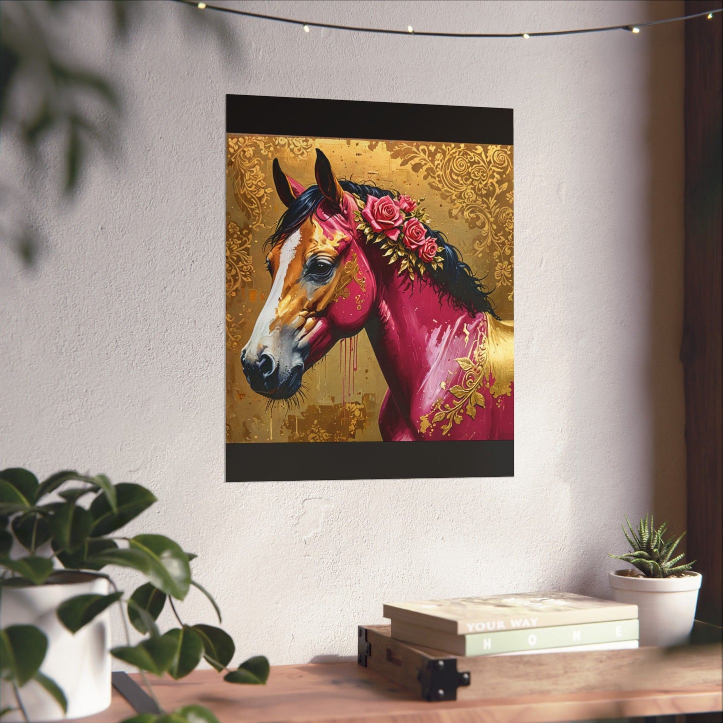 Floral Motif Art Poster - Elegant Matte Vertical Wall Decor - Magenta Horse In Gold Damask With Roses