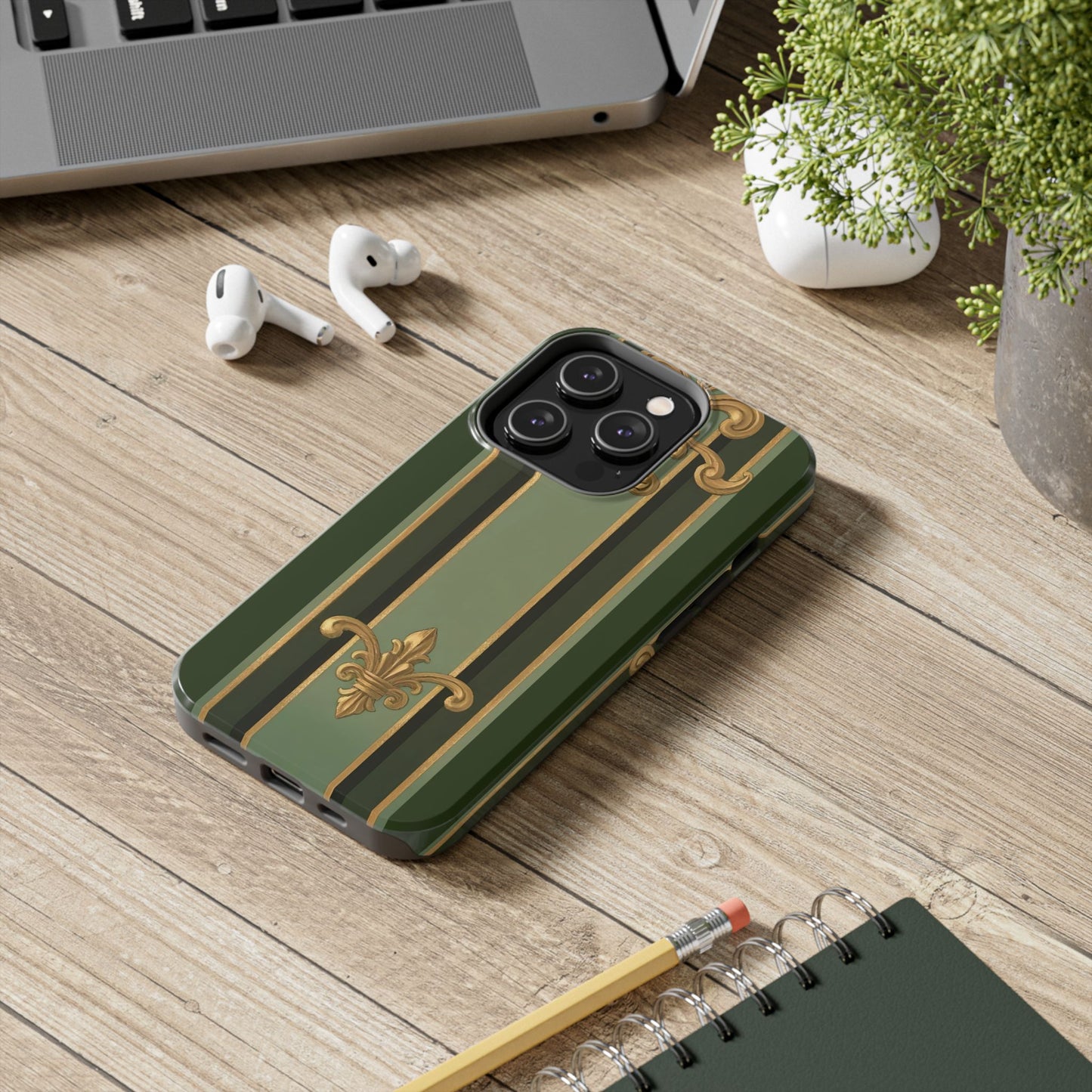 Elegant Tough Phone Cases - Baroque Design, Durable Cell Phone Covers, Unique Gifts for Her, Holiday Gifts - Green Striped Gold Baroque