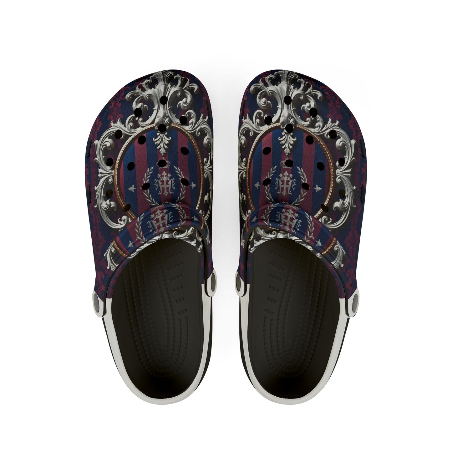 Stylish EVA Foam Rubber Clogs with Elegant Design, Comfortable Everyday Footwear, Fashionable Indoor Slippers - Blue & Plum Striped Silver Crest