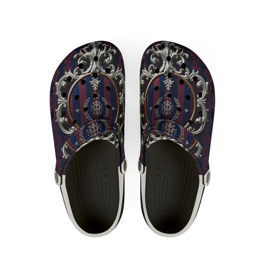 Stylish EVA Foam Rubber Clogs with Elegant Design, Comfortable Everyday Footwear, Fashionable Indoor Slippers - Blue & Plum Striped Silver Crest