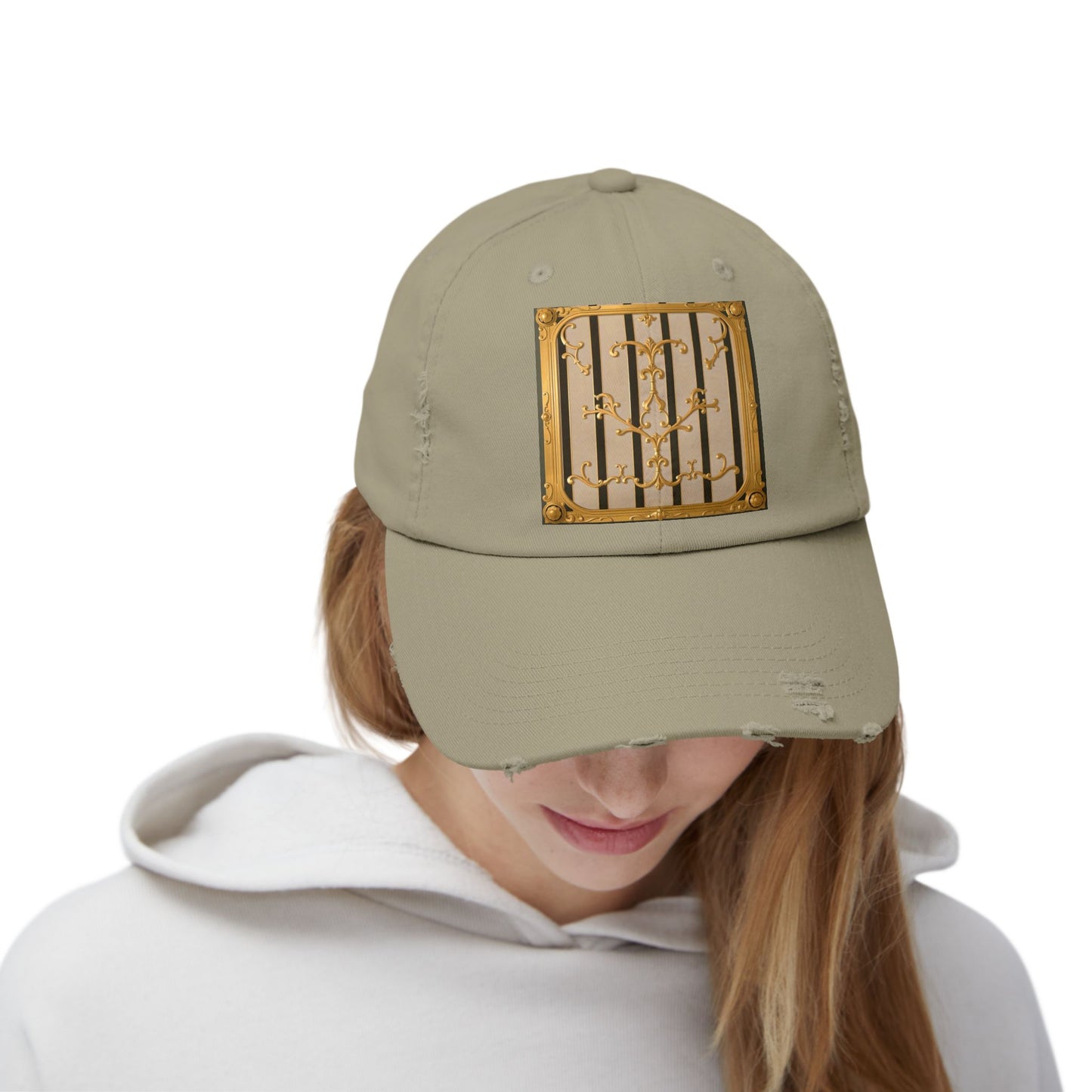 Unisex Distressed Cap - Beige Striped Gold Rococo