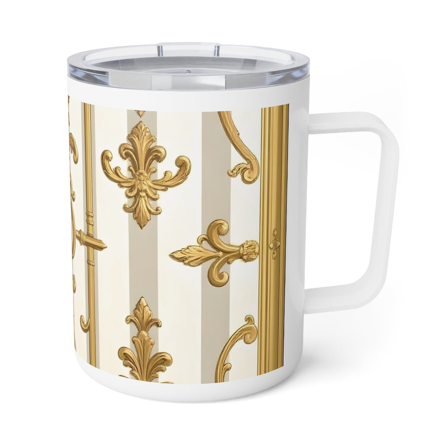 Elegant Gold Trim Insulated Coffee Mug, 10oz | Luxurious Gift, Decorative Drinkware, Home Office - Matte Gray & Cream Striped Gold Baroque
