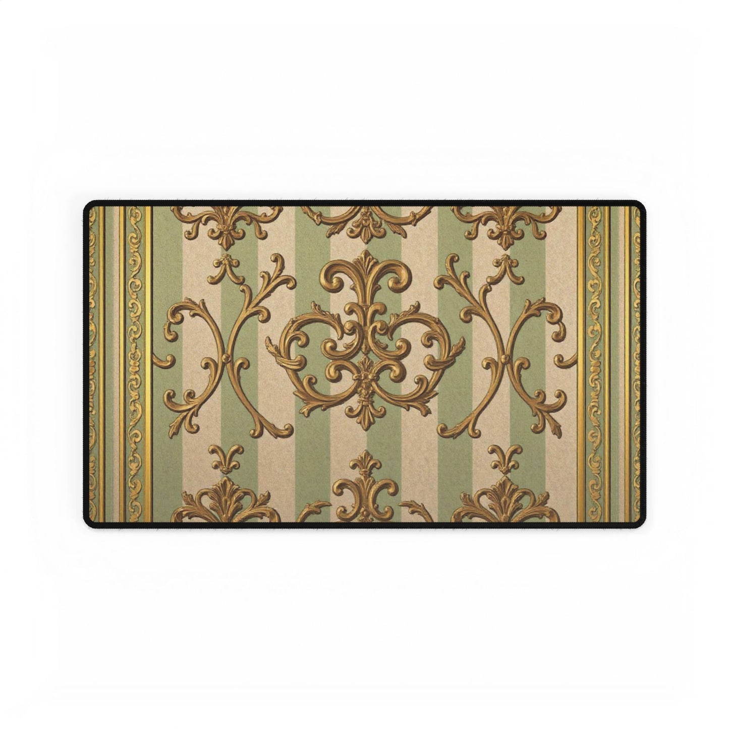 Elegant Vintage Desk Mat, Luxurious Desk Pad for Home Office, Stylish Keyboard Mat, Computer Mouse Pad - Mint Green & Beige Striped Gold Baroque