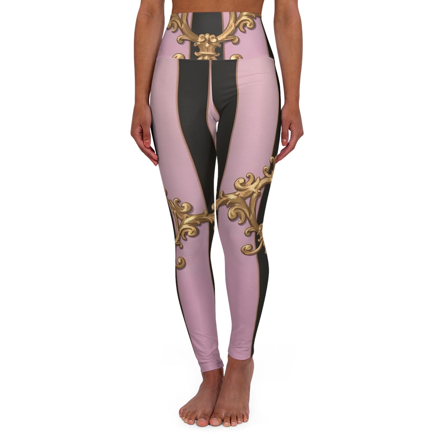 Elegant AOP High Waisted Yoga Leggings - Fashionable Activewear for Workouts, Athleisure, Yoga Classes - Matte Lavender & Black Striped Gold Baroque