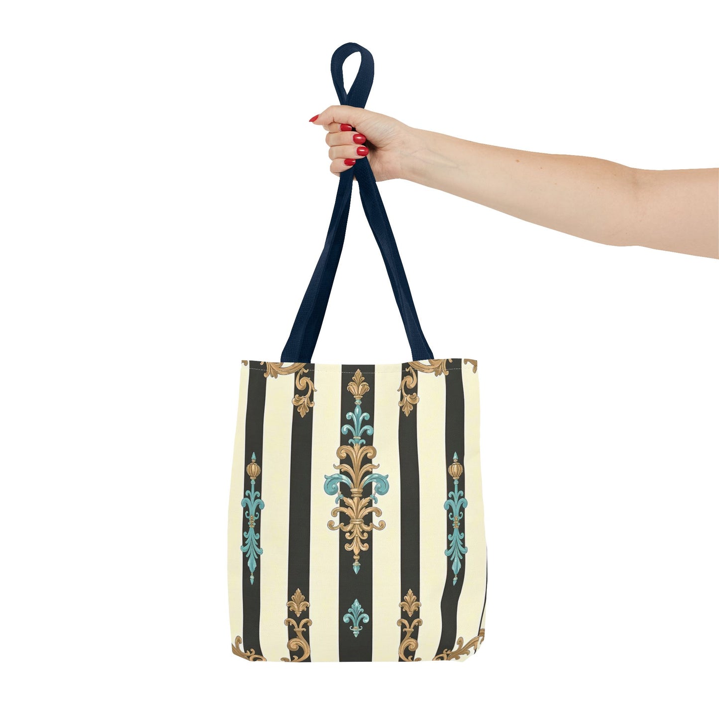 Elegant Stripe Pattern Tote Bag | Fashionable Reusable Shopping Tote, Eco-Friendly Gift Bag - Black Striped Turquoise & Black Rococo