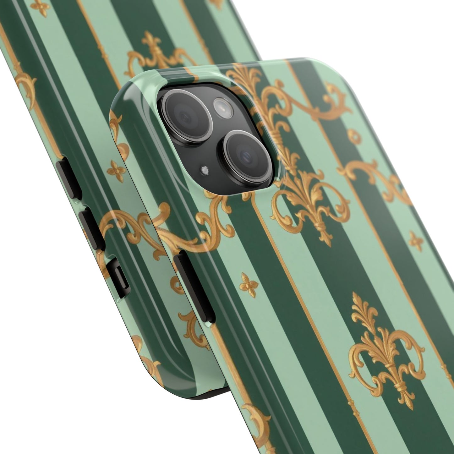 Elegant Floral Tough Phone Cases | Stylish Phone Protection, Gift for Her, Trendy Accessory, Unique Decor - Mint Green & Teal Striped Gold Baroque