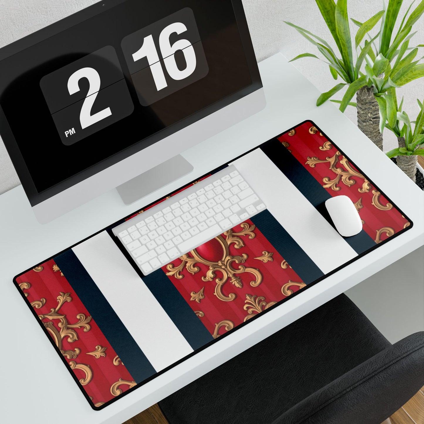 Elegant Office Desk Mats for Stylish Workspaces, Customizable, Home Office Decor, Gift for Professionals - Blue, Red & White Striped Baroque