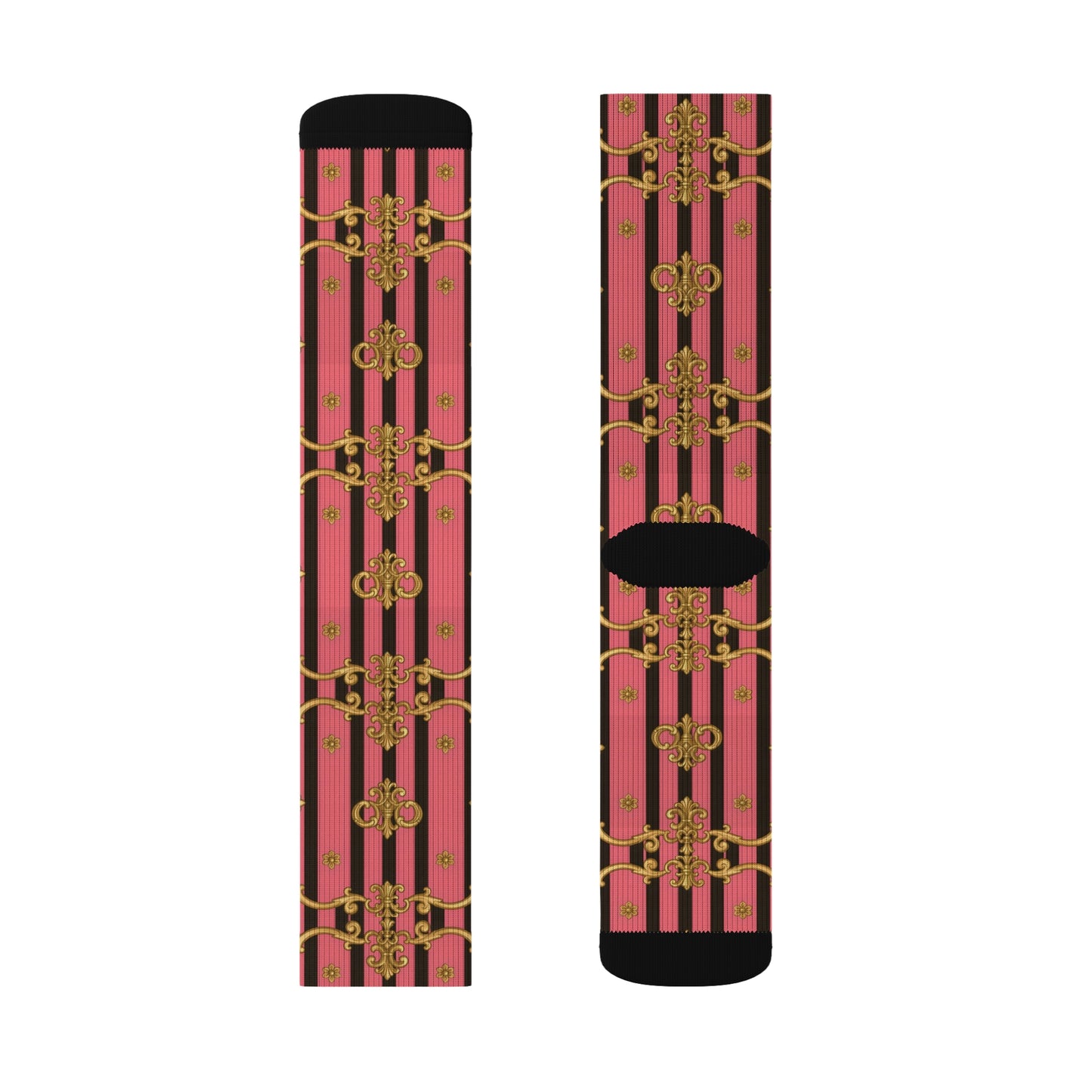 Chic Patterned Sublimation Socks, Fashion Socks, Unique Gift for Her, Trendy Accessories, Cozy Casual Wear - Pink & Black Striped Gold Baroque