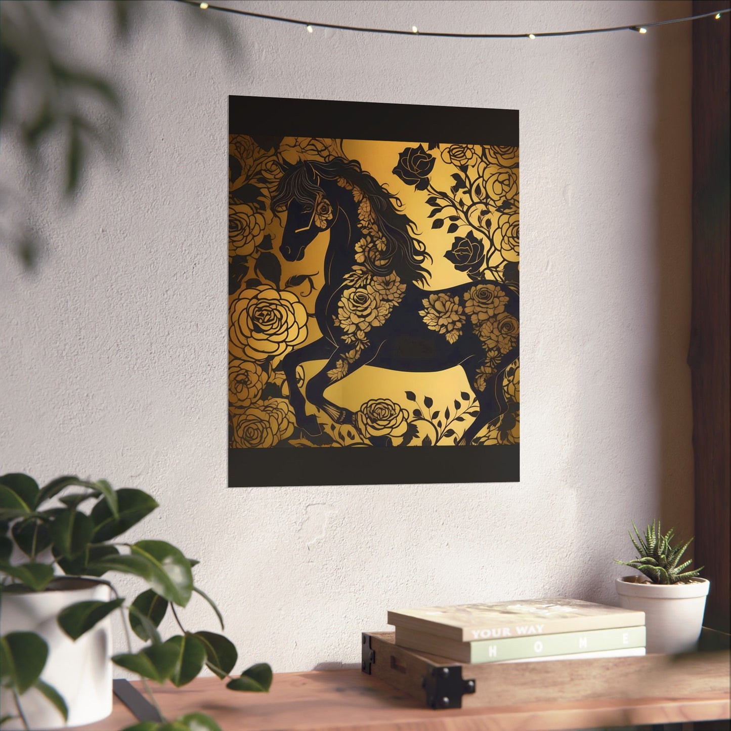 Floral Art Poster - Elegant Matte Vertical Wall Decor - Black & Gold Horse With Roses