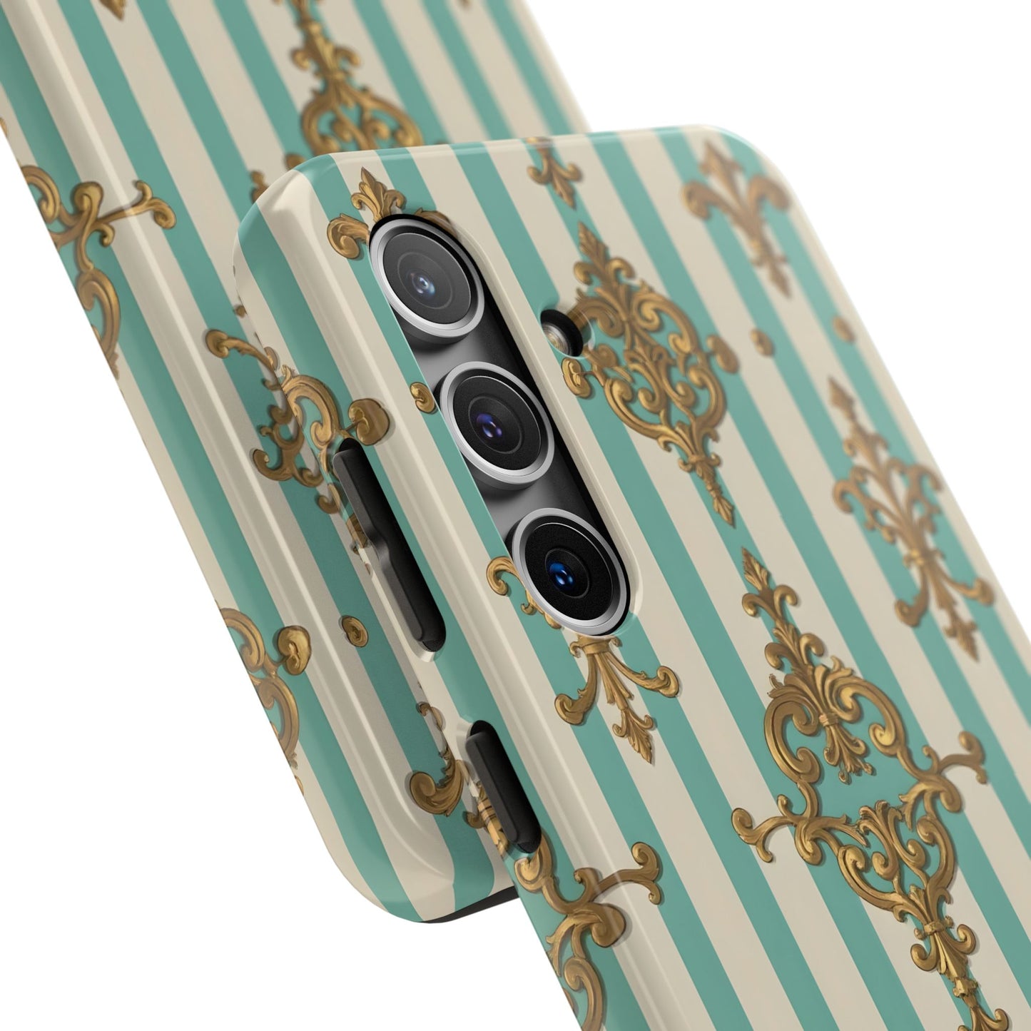 Elegant Striped Phone Case with Vintage Design, Tough Phone Cover, Stylish Smartphone Case - Matte Green Striped Rococo