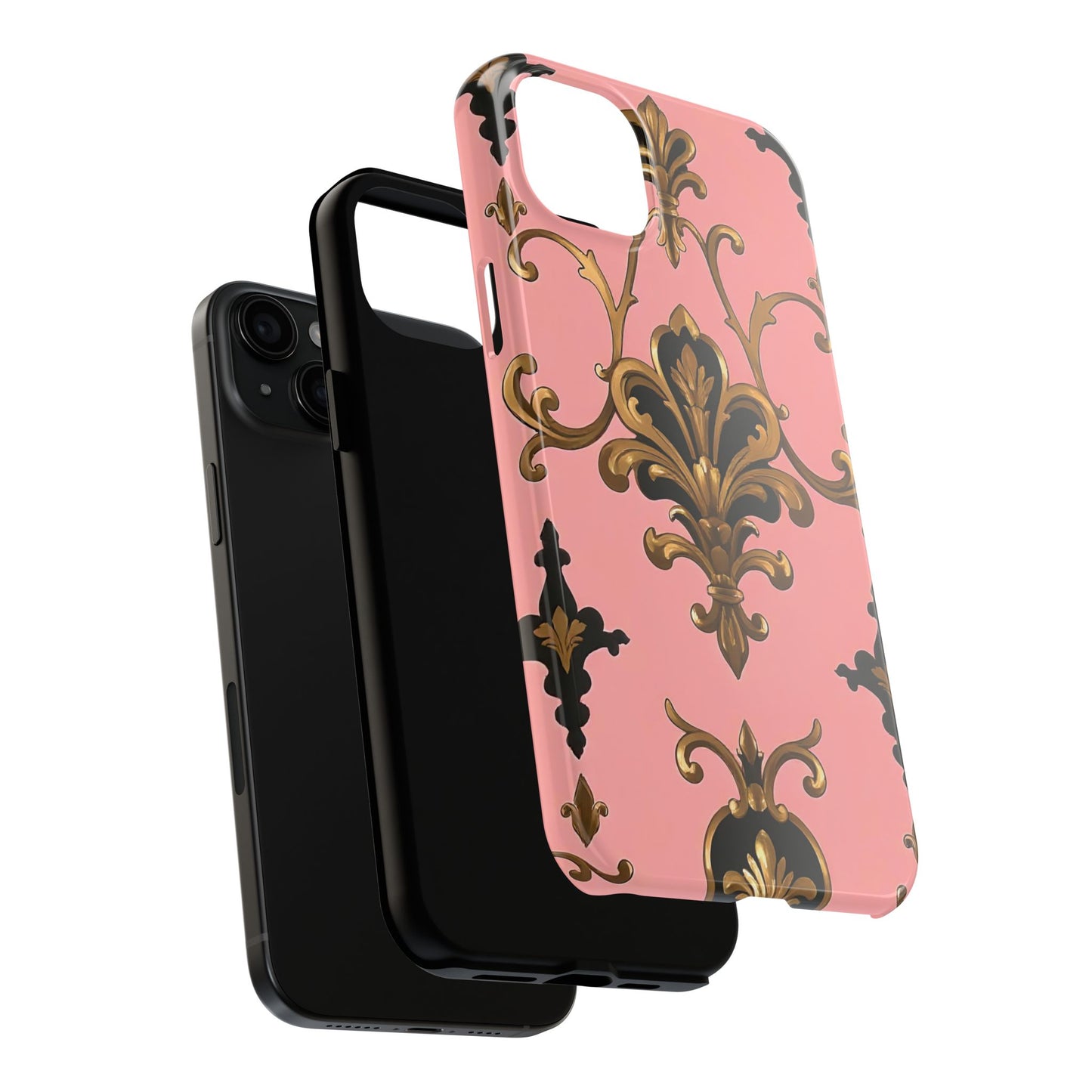 Chic Tough Phone Cases with Floral Design, Elegant Phone Cover, Durable Smartphone Case, Stylish Tech Accessory - Pink, Black & Gold Rococo