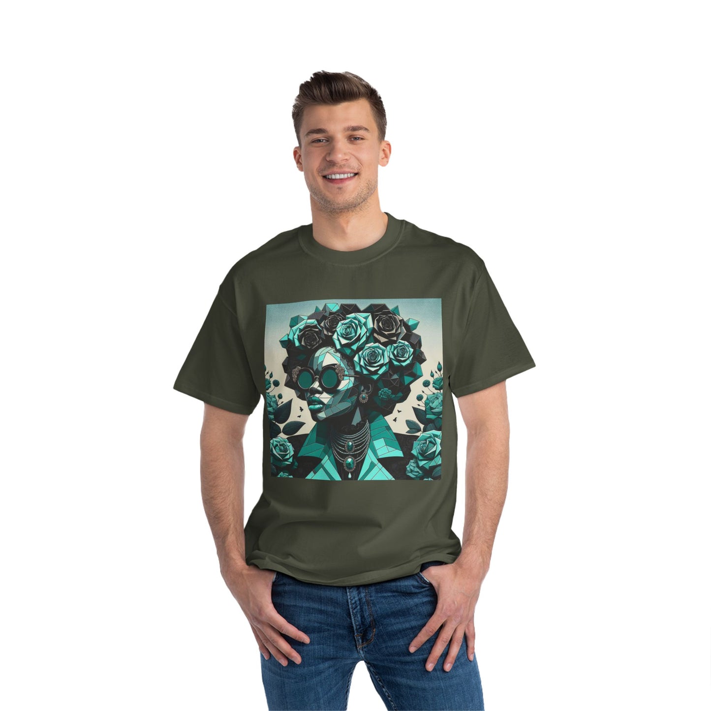 Trendy Floral Graphic Tee | Artistic Short-Sleeve Shirt, Fashionable Summer Top, Chic Gift for Her - Turquoise & Black Roses Lady