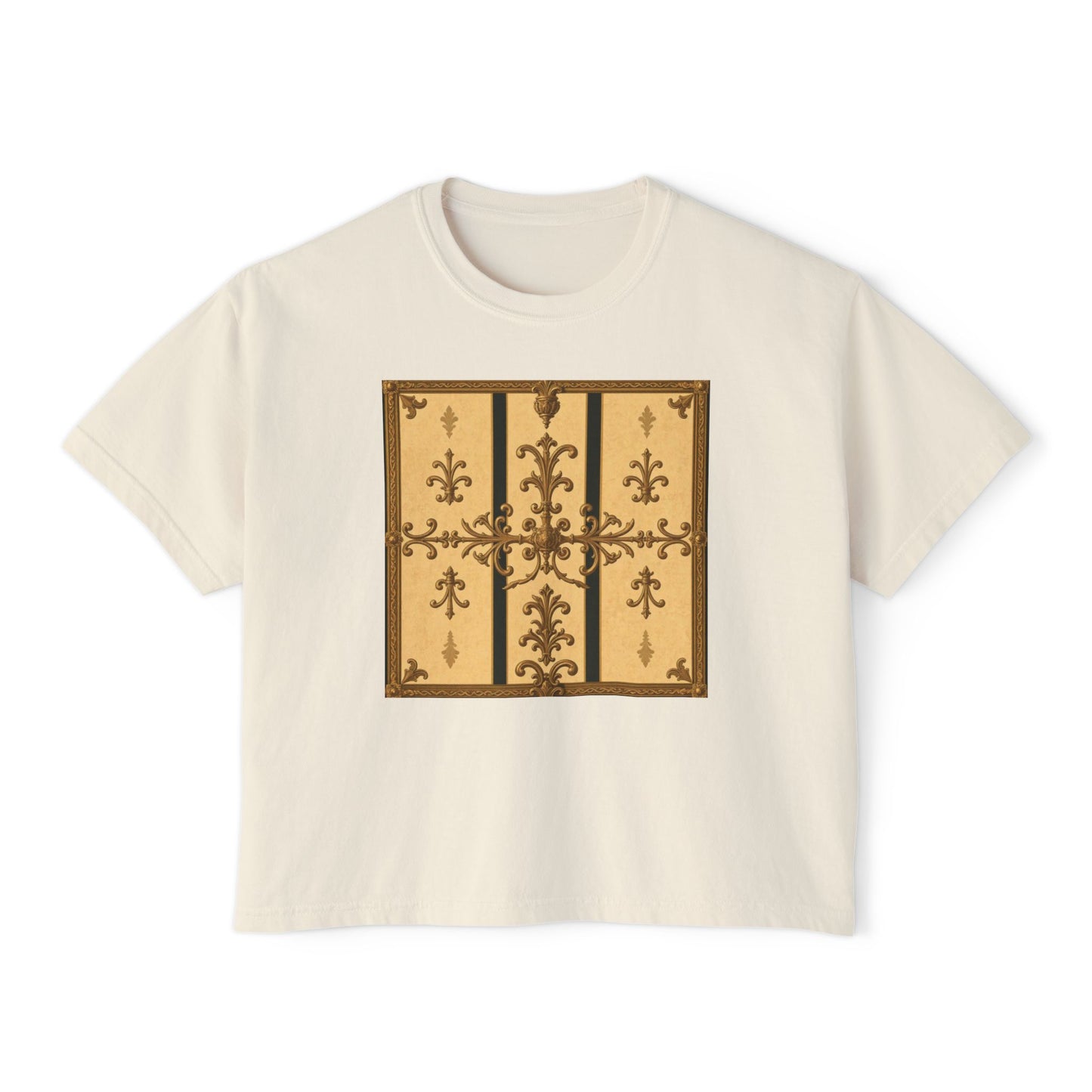 Chic Vintage Women's Boxy Tee, Casual Top, Retro Fashion T-Shirt, Gift for Her, Stylish Graphic Tee - Matte Yellow Striped Antique Rococo