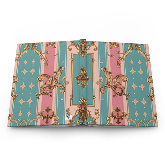 Elegant Vintage Hardcover Journal, Stylish Notebook, Luxe Writing Journal, Gift for Writers - Pink & Matte Turquoise Striped Rococo