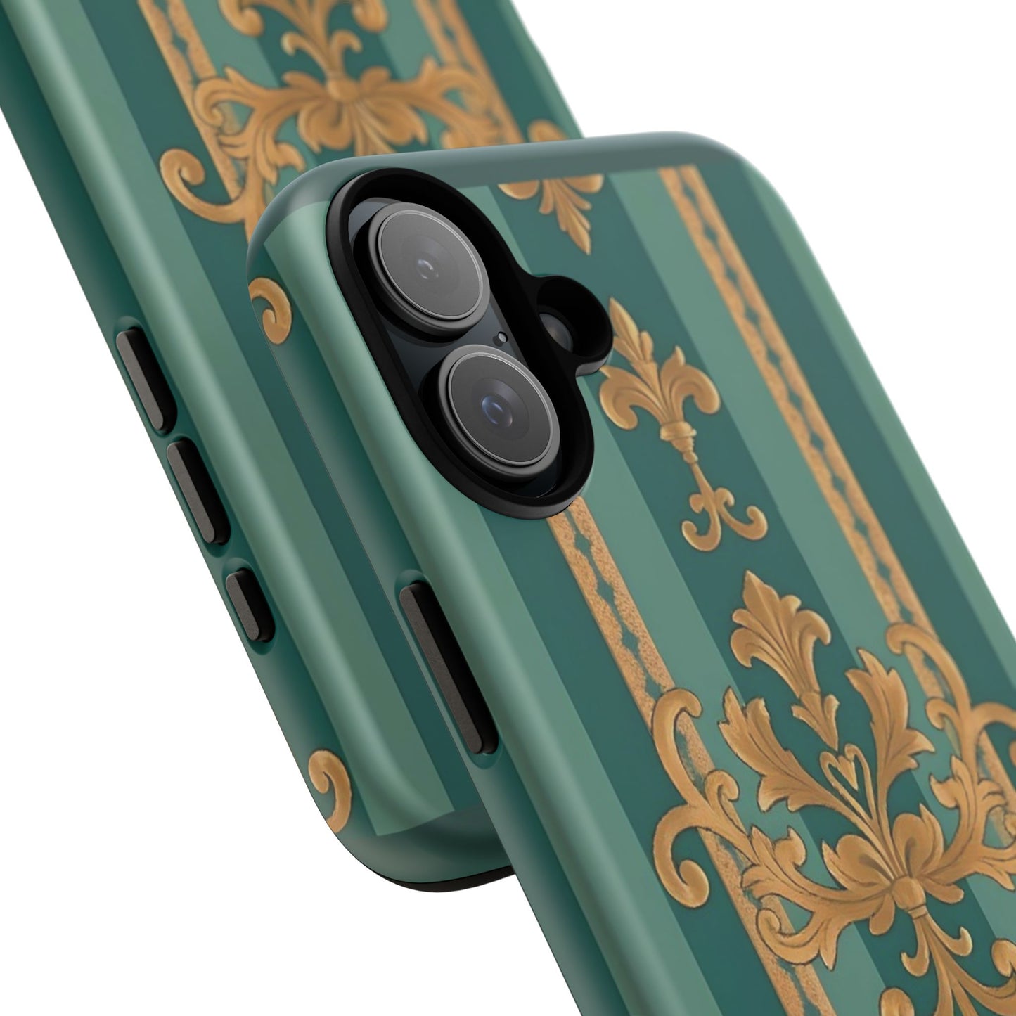 Elegant Floral Motif Phone Case - Tough Cases with Vintage Design - Teal Striped Gold Damask