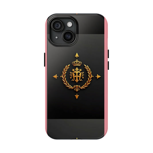 Tough Phone Case with Regal Design - Elegant Phone Protection, Gift for Him/Her, Royalty Inspired - Pink Striped Gold Crest