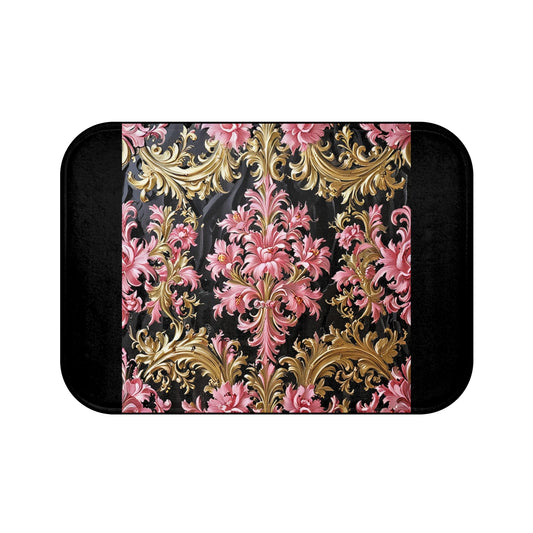 Elegant Floral Bath Mat with Vintage Design, Luxurious Bathroom Decor, Housewarming Gift - Black & Pink Oil Painting Style Rococo