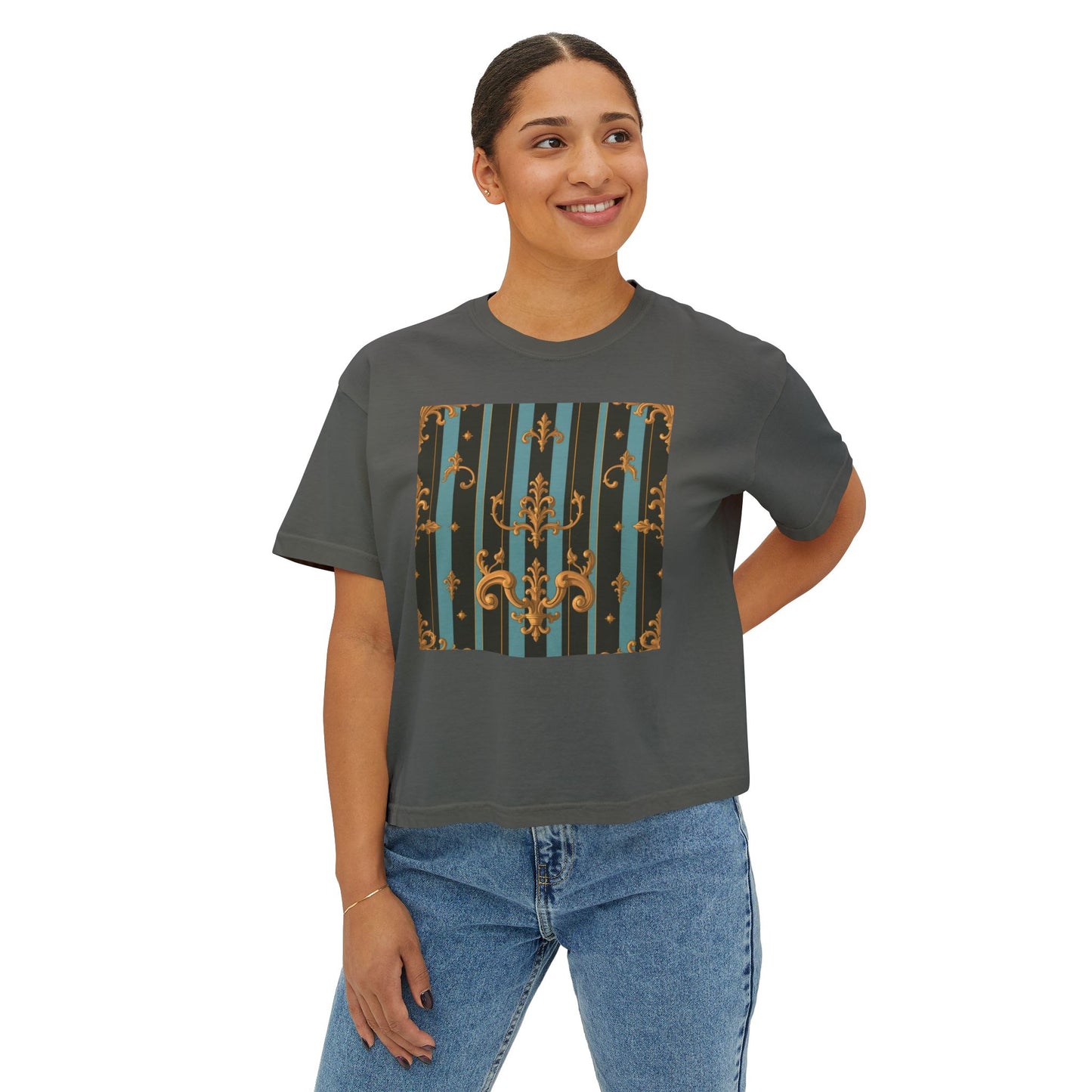 Chic Women's Boxy Tee with Elegant Vintage Design, Casual Outfit, Gift for Her, Summer Style, Fashion Tee - Black & Turquoise Striped Baroque