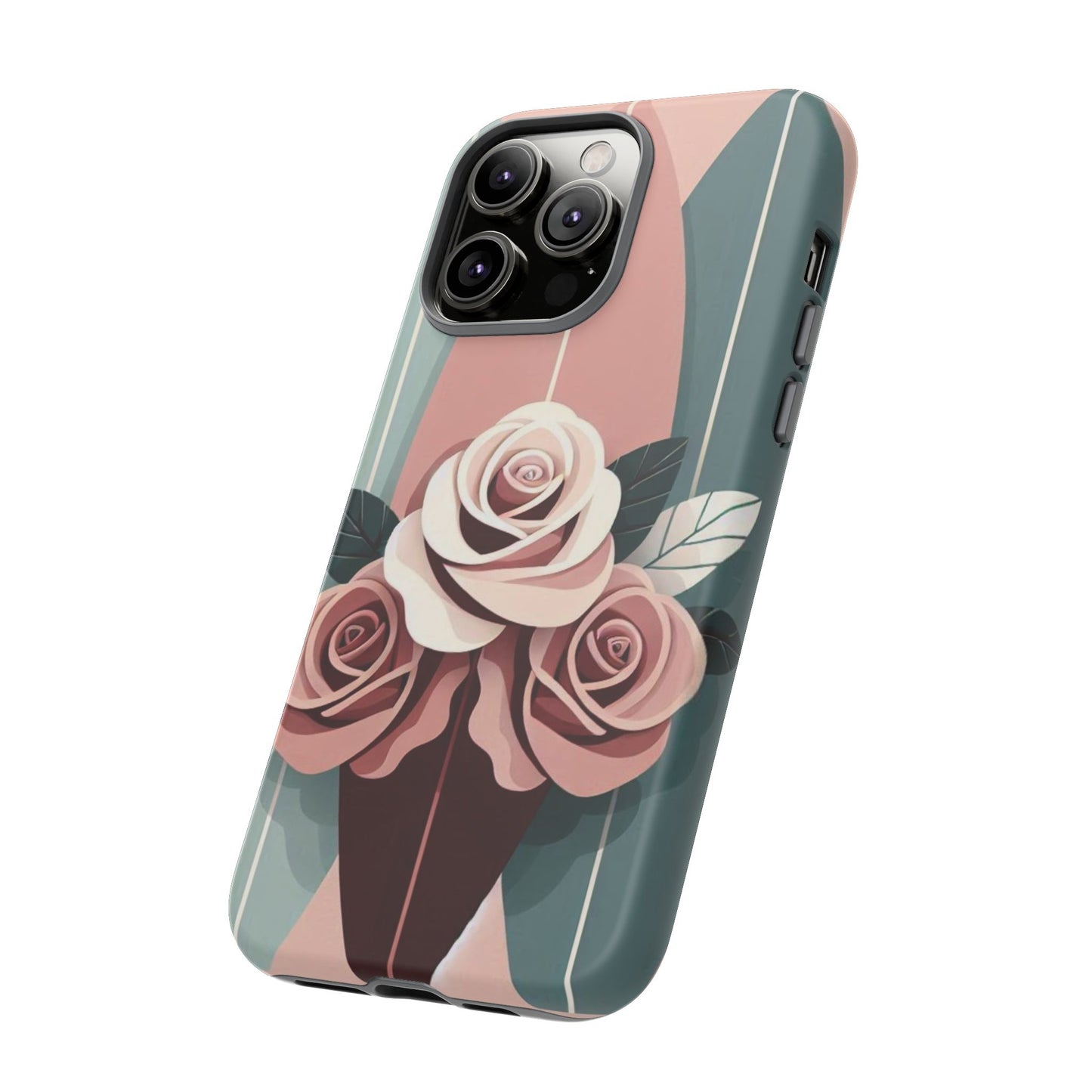 Phone Case - Burgundy, Matte Mauve & Teal Surfboard & Roses Design