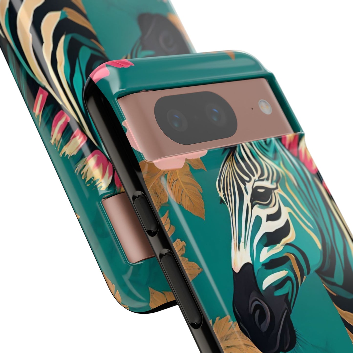 Phone Case - Elegant Teal & Gold Zebra & Roses Design