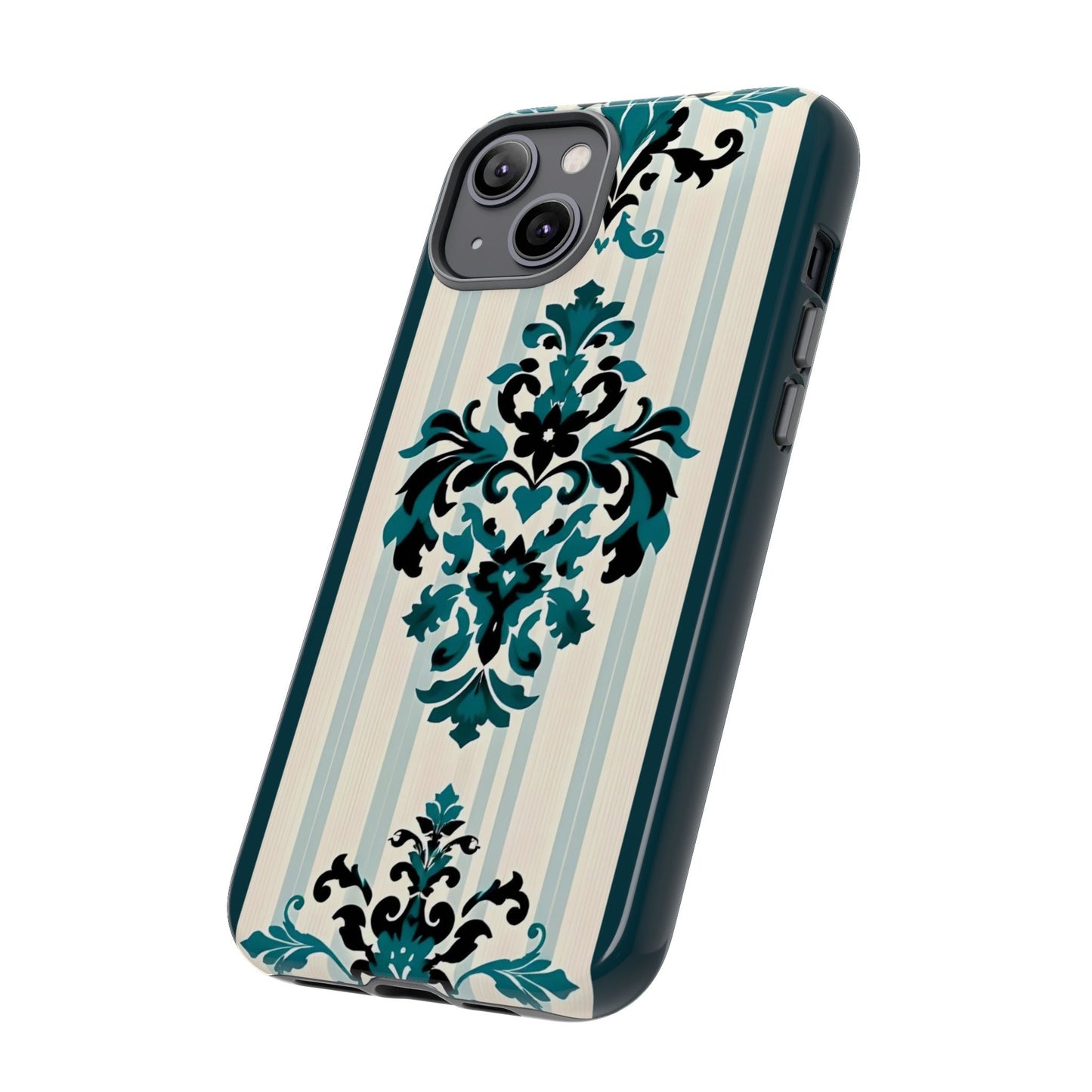 Elegant Floral Phone Case - Tough Cases with Vintage Design - Teal Striped Damask