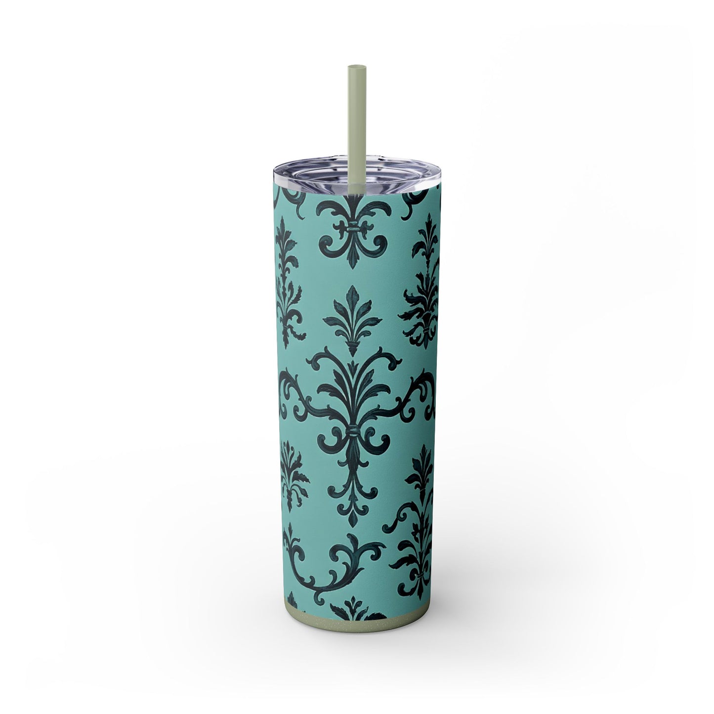 Elegant Floral Skinny Tumbler with Straw, 20oz, Personalized Drinkware, Stylish Travel Mug, Great Gift for Her - Teal Striped Rococo