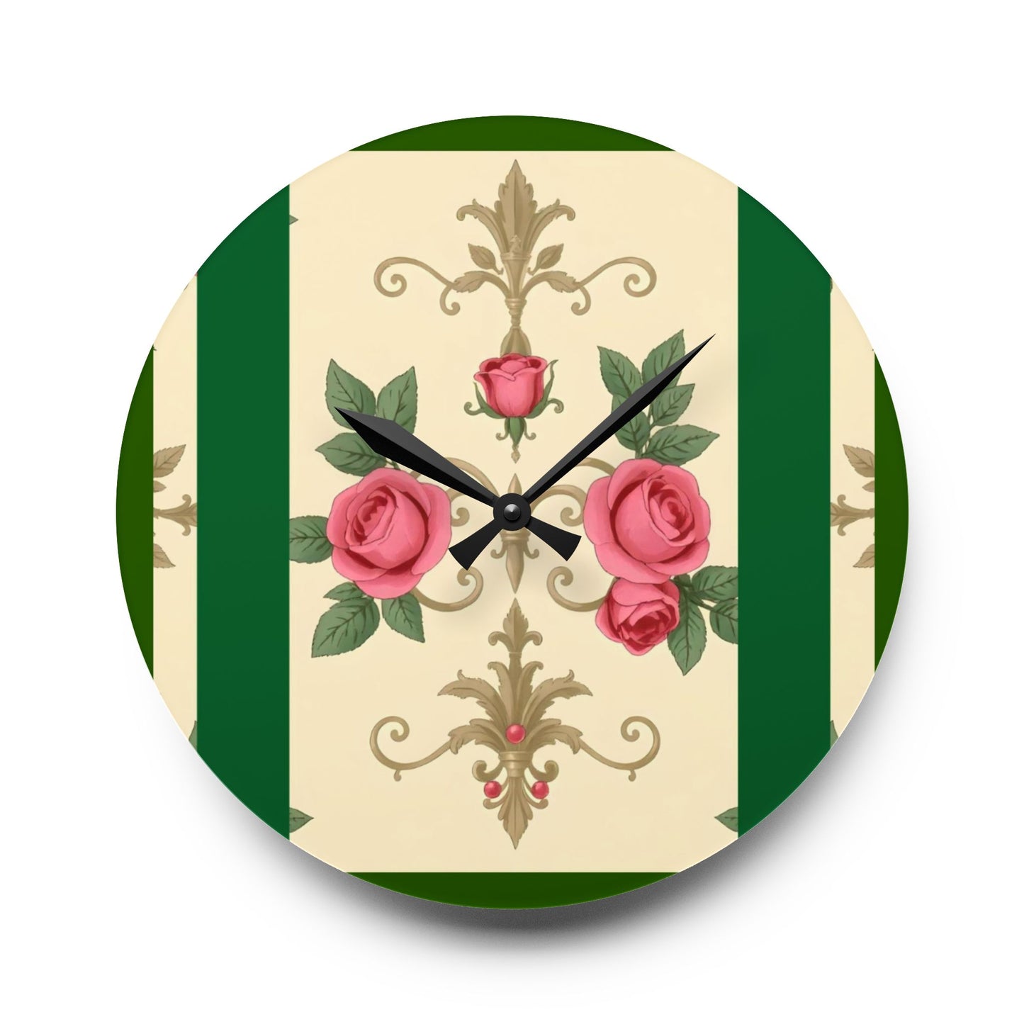 Bohemian Damask-Inspired Acrylic Wall Clock with Floral Design - Green Border Roses & Damask