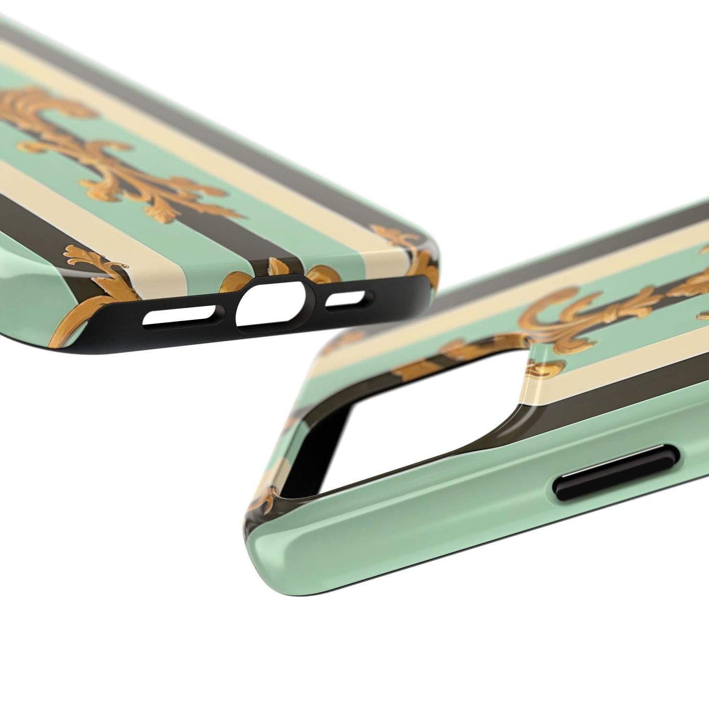 Elegant Floral Tough Phone Cases - Stylish Protection for All Occasions, Gifts for Her, Phone Covers - Black & Matte Mint Striped Rococo
