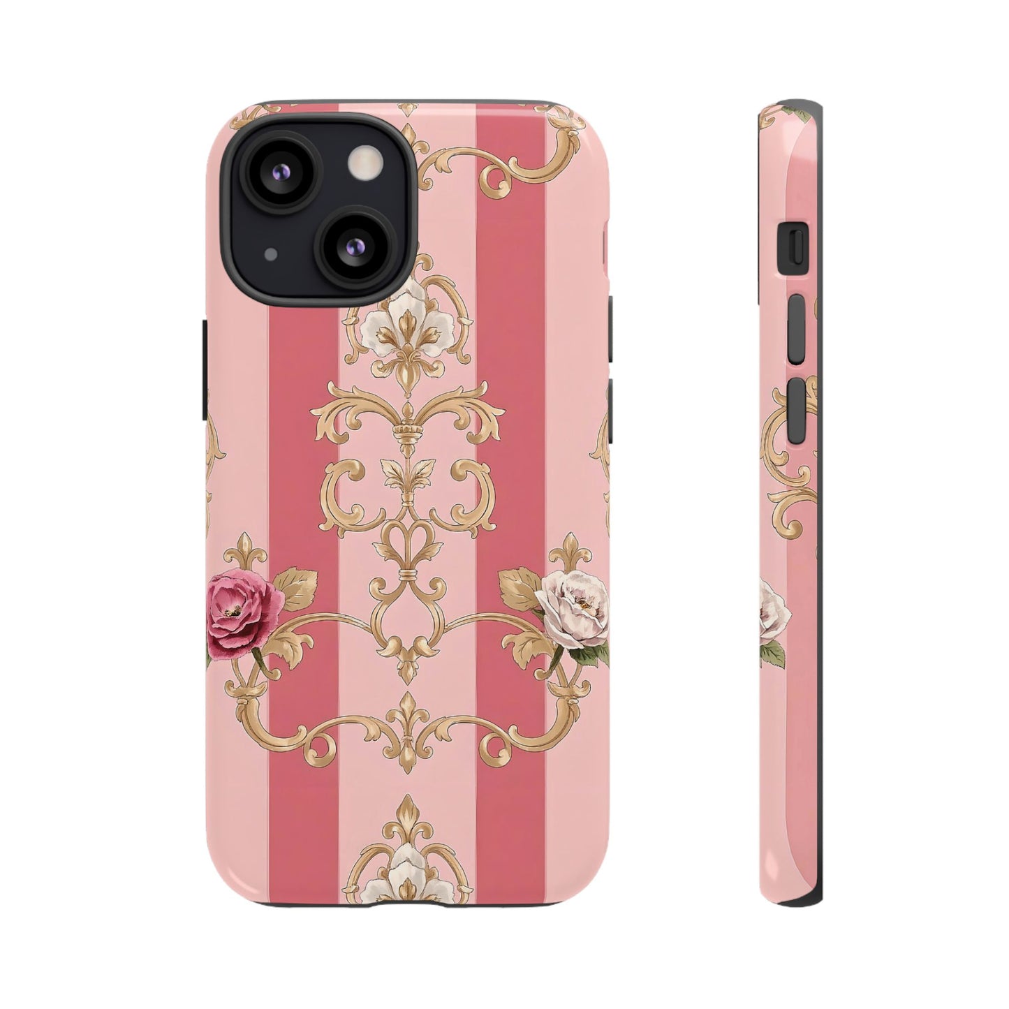 Elegant Floral Motif Phone Case - Tough Cases with Vintage Design - Pink Striped Roses & Damask