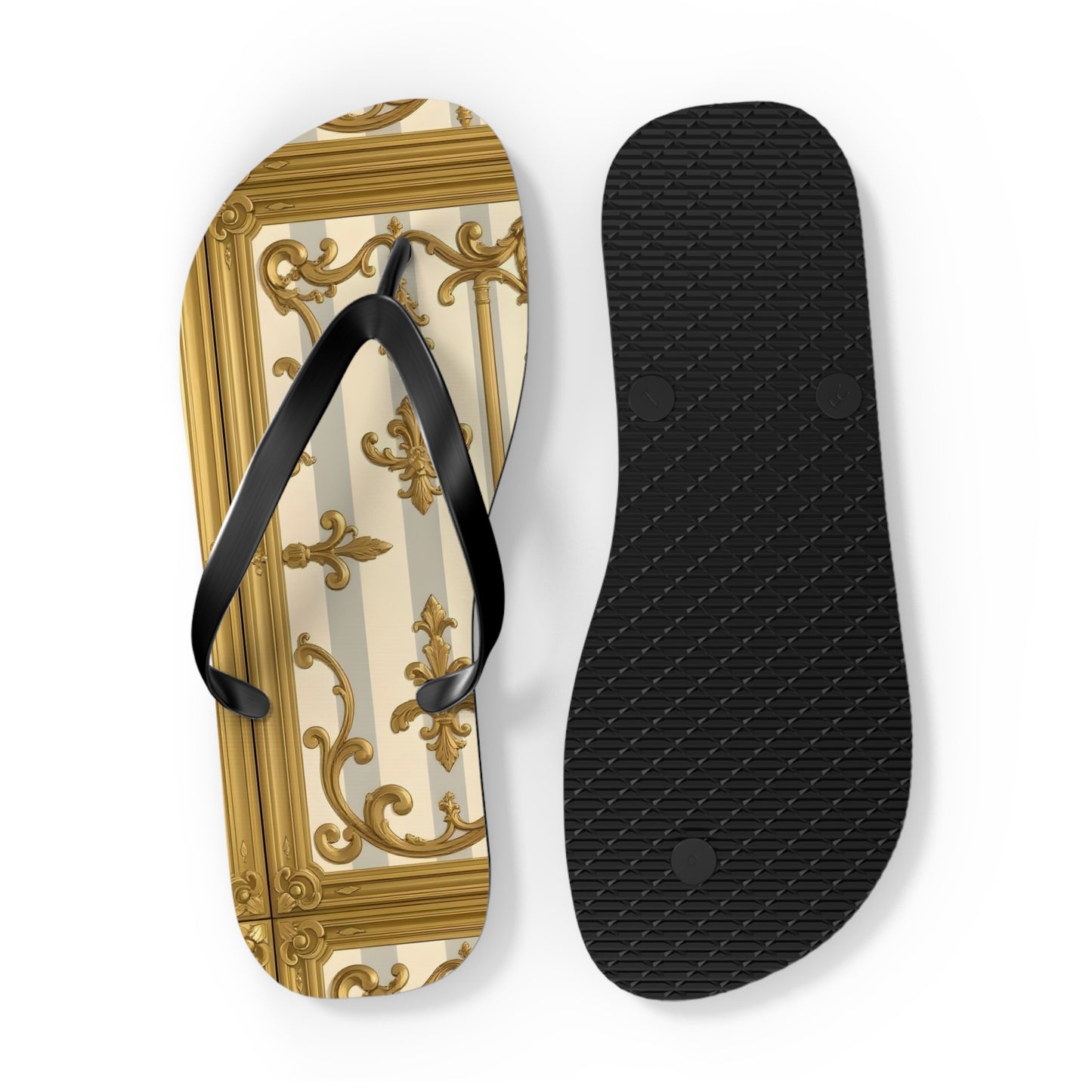Chic Decorative Flip Flops for Beach, Summer Vibes, Vacation Footwear, Luxury Poolside Slippers - Matte Gray & Cream Striped Gold Baroque