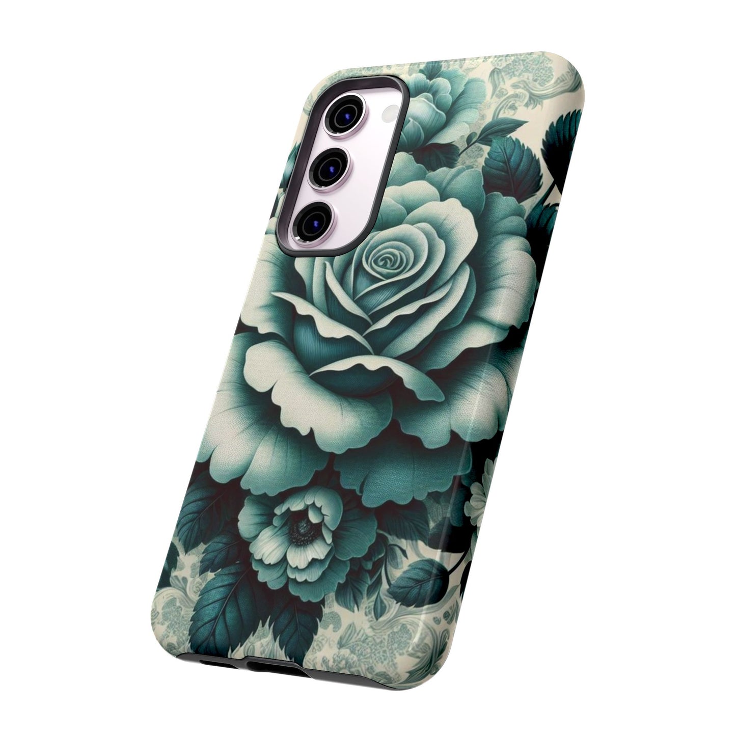 Elegant Floral Motif Phone Case - Tough Cases with Vintage Design - Teal Roses & Damask