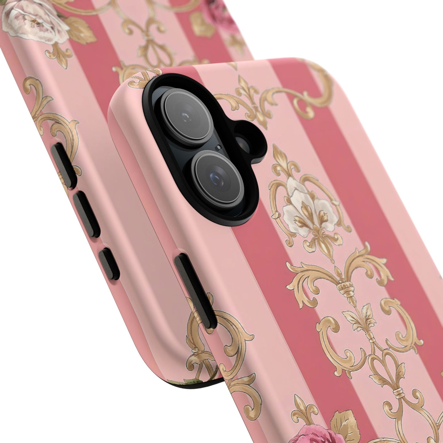 Elegant Floral Motif Phone Case - Tough Cases with Vintage Design - Pink Striped Roses & Damask