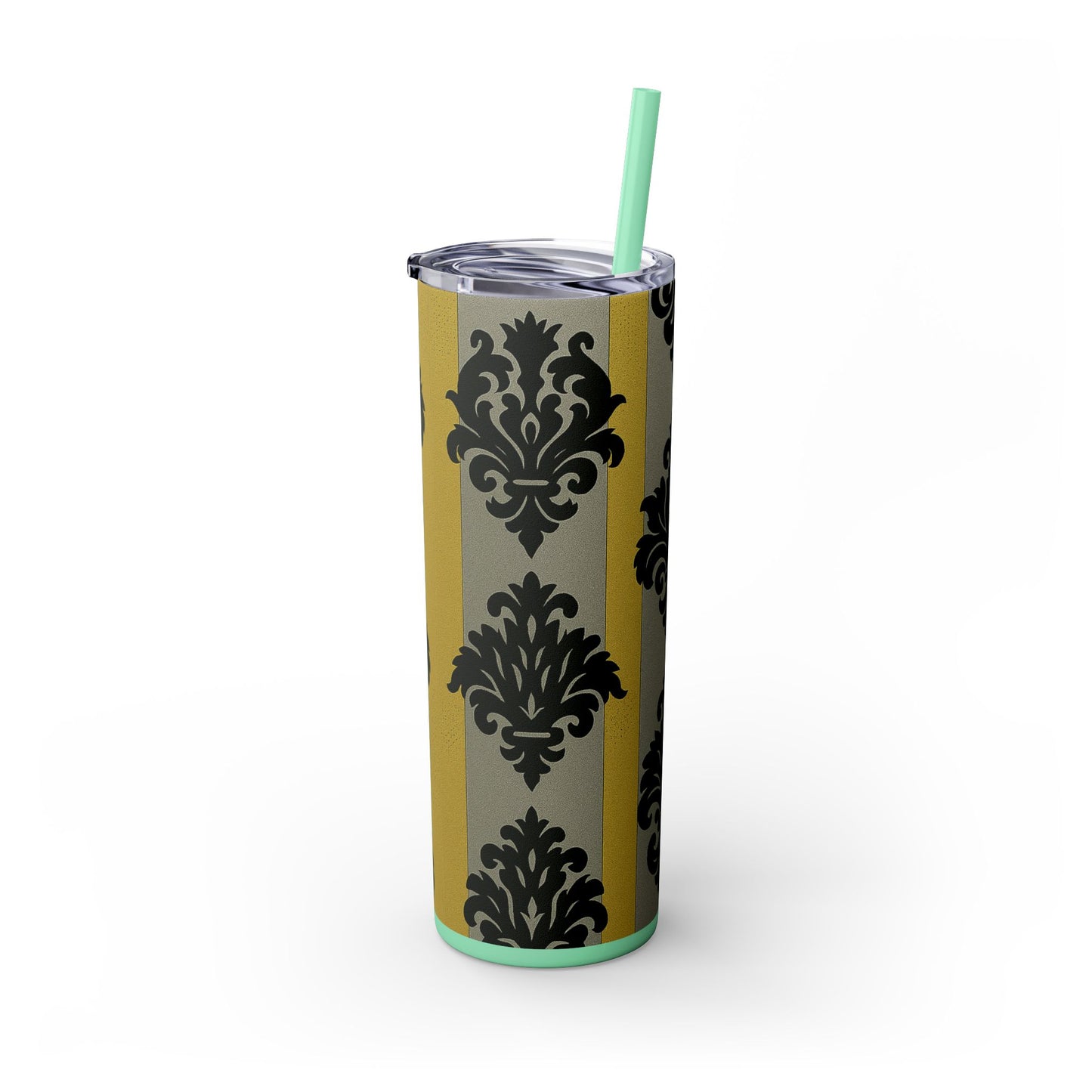 Elegant Baroque Skinny Tumbler, 20oz Travel Mug, Stylish Drinkware for Home or Office, Unique Gift for Her - Silver & Gold Striped Black Baroque