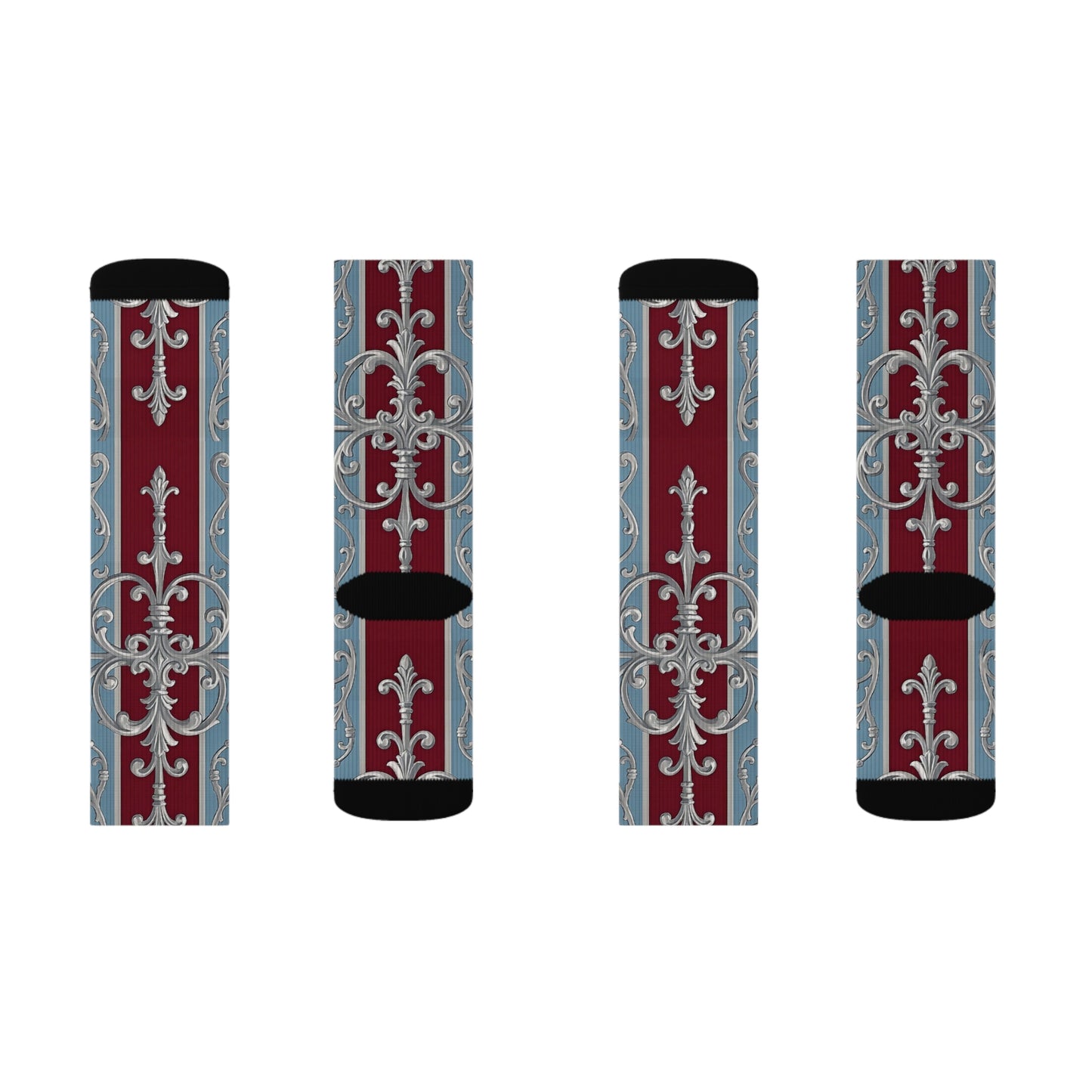 Elegant Sublimation Socks - Vintage Floral Design for Luxe Style - Ice Blue & Burgundy Striped Baroque