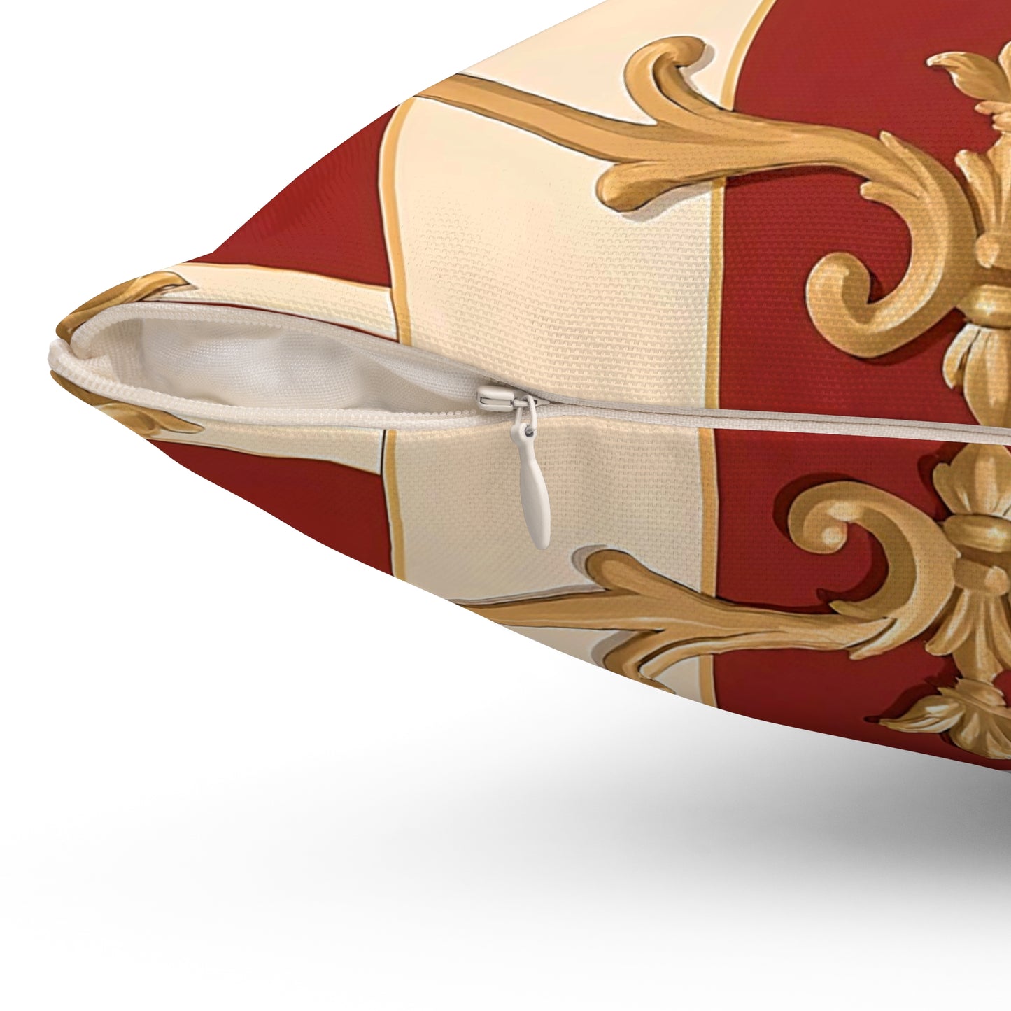Elegant Vintage-Inspired Square Pillow with Gold Ornate Design - Alabaster & Dusk Orange Striped Baroque