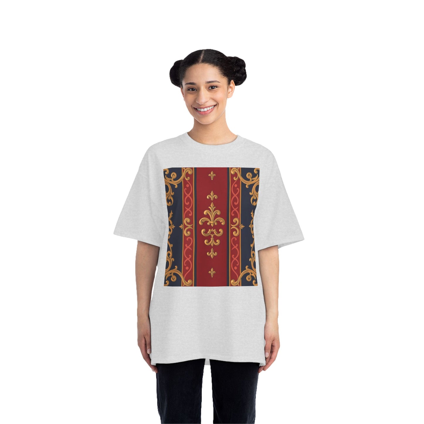Elegant Baroque T-Shirt for Fashion Lovers, Casual Wear, Gift for Her, Unique Tee for Art Enthusiasts - Midnight Blue & Dusk Red Gold Baroque