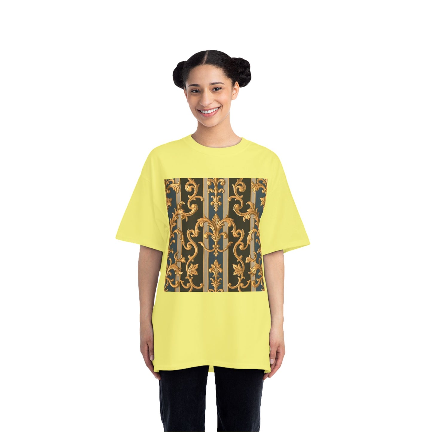 Ornate Gold Pattern Short-Sleeve T-Shirt, Stylish Casual Wear, Unique Graphic Tee - Blue & Black Striped Rococo