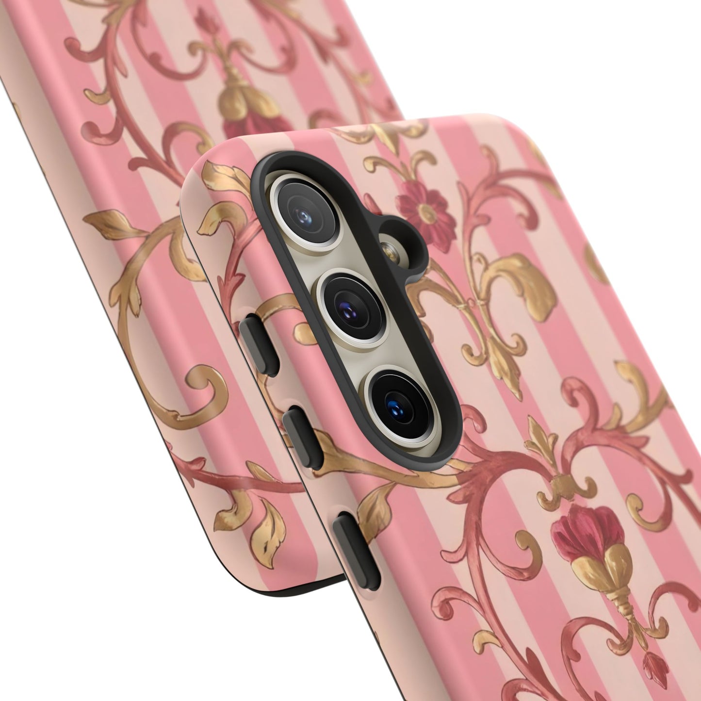 Elegant Floral Motif Phone Case - Tough Cases with Vintage Design - Pink Striped Rose Gold Damask
