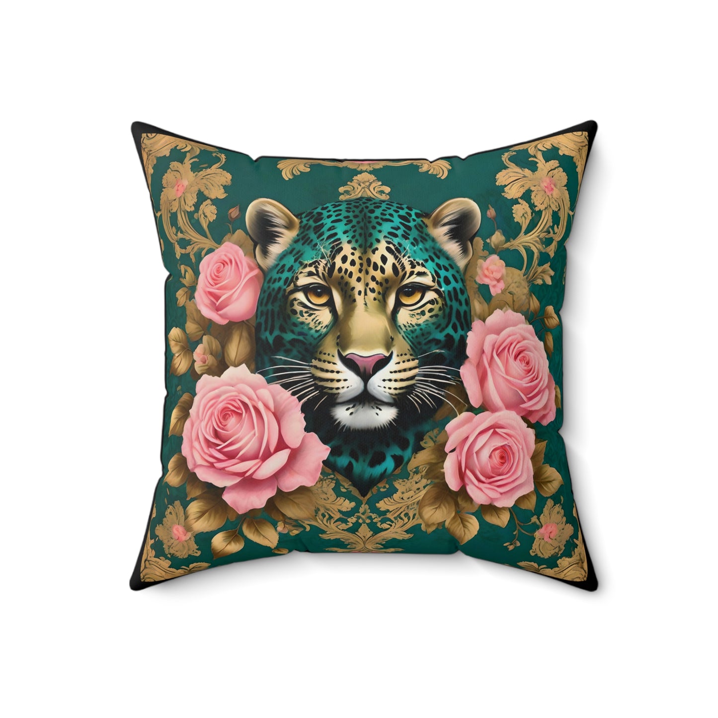 Elegant Luxe Faux Suede Pillow with Leopard and Roses Design - Teal Leopard