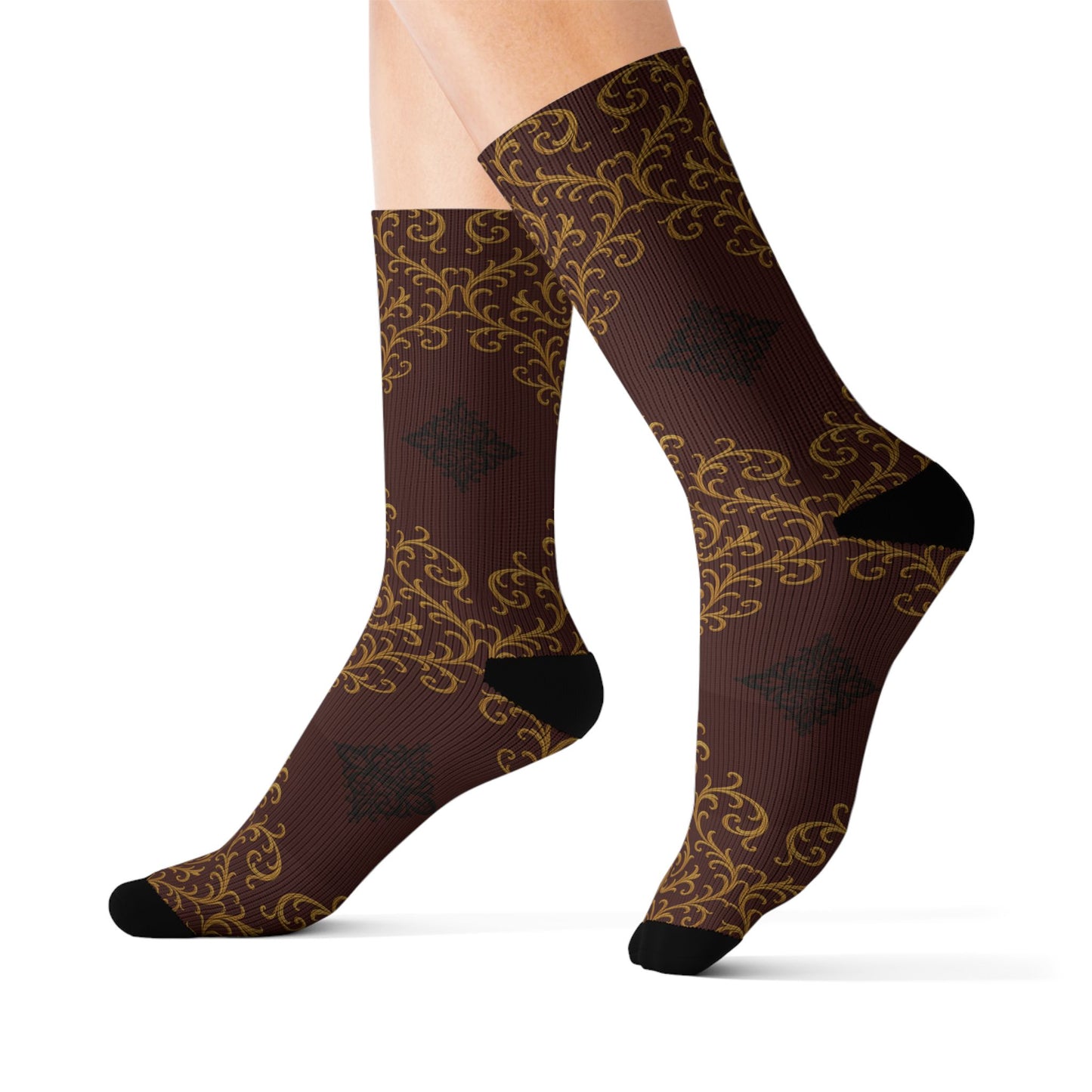 Dusk Burgundy-Black & Gold Baroque Sublimation Socks — Vintage Baroque Patterned Crew Socks