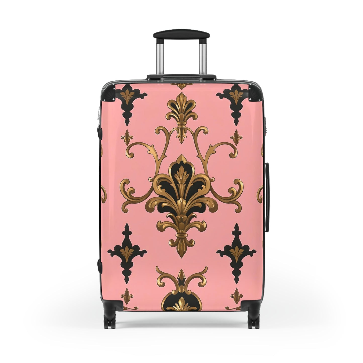 Elegant Pink Floral Suitcase, Travel Luggage, Stylish Carry-On Bag, Personalized Gift for Travelers - Pink, Black & Gold Rococo