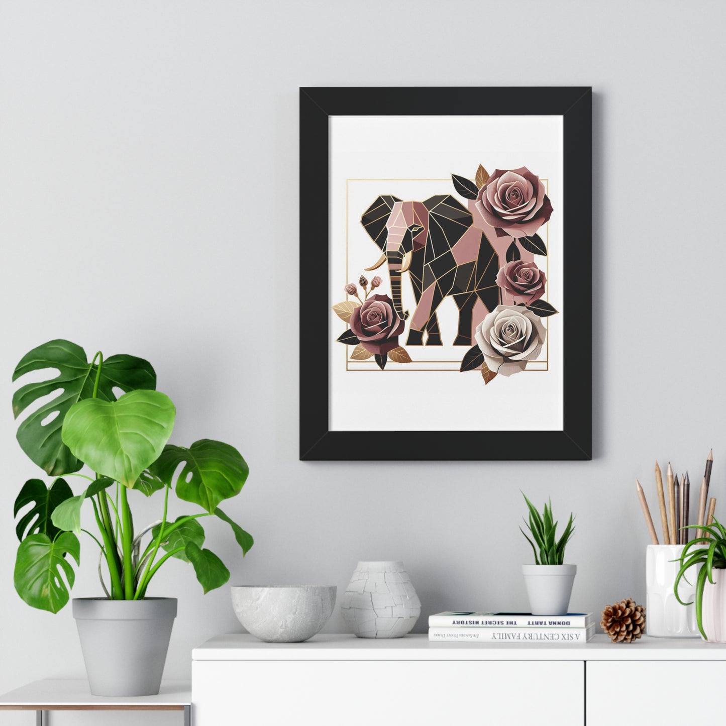 Vertical Poster - Brown & Mauve Elephant & Roses Wall Art