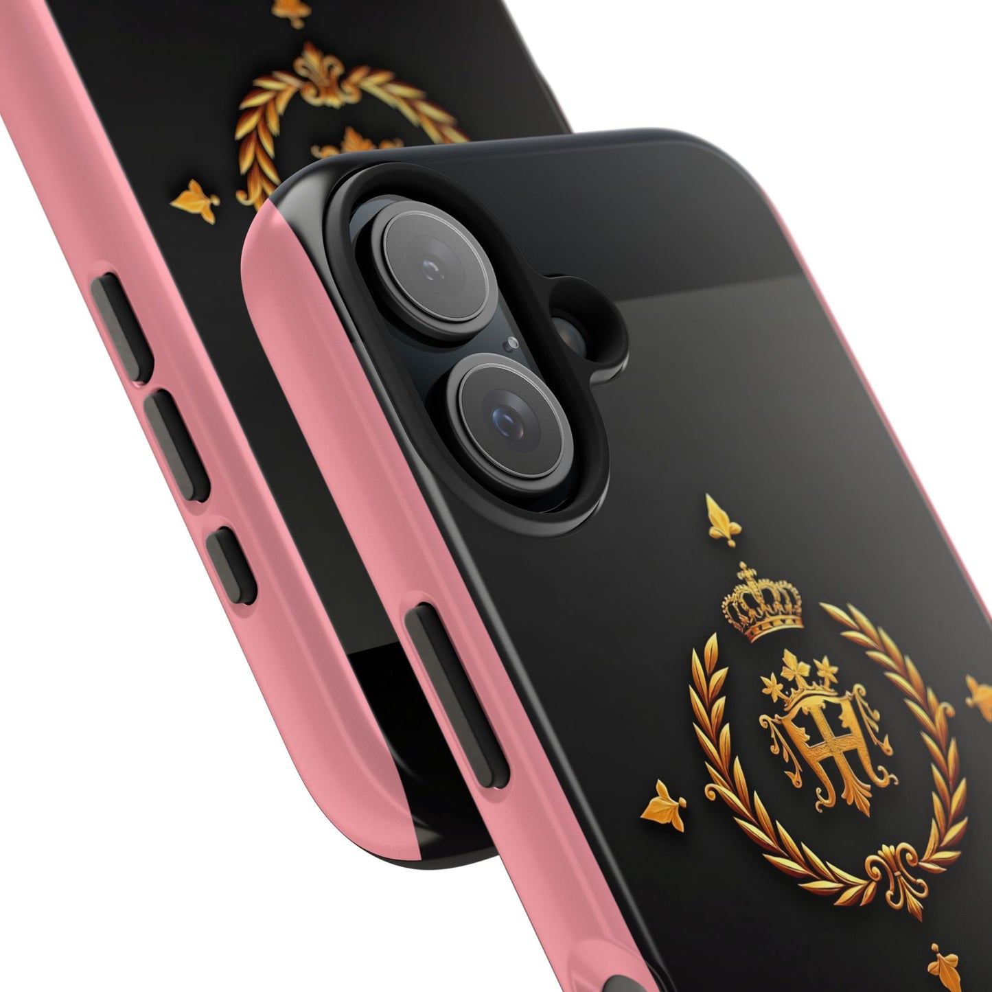 Tough Phone Case with Regal Design - Elegant Phone Protection, Gift for Him/Her, Royalty Inspired - Pink Striped Gold Crest