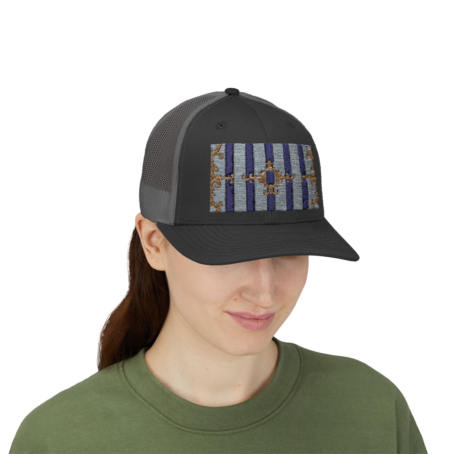 Stylish Snapback Trucker Cap with Vibrant Pattern, Trendy Hat for Outdoor Adventures, Casual Wear - Striped Gold Baroque
