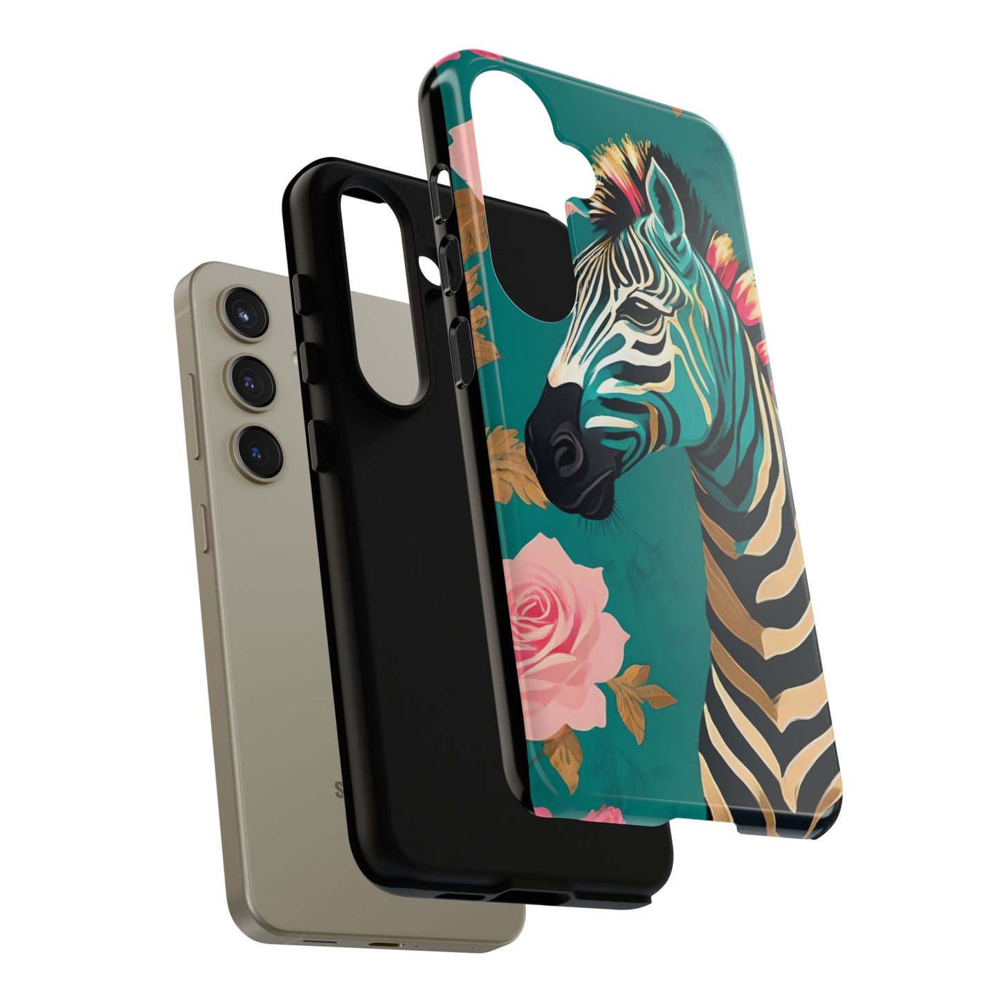 Phone Case - Elegant Teal & Gold Zebra & Roses Design
