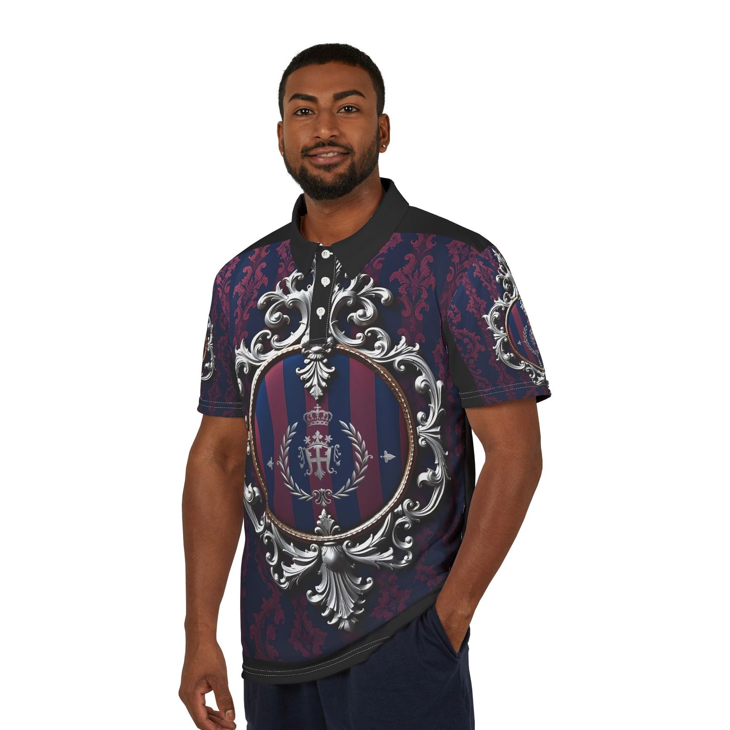 Elegant Unisex Polo Shirt with Regal Design, Casual Fashion, Gift for Men & Women, Everyday Wear, Unique Style - Blue & Plum Striped Silver Crest