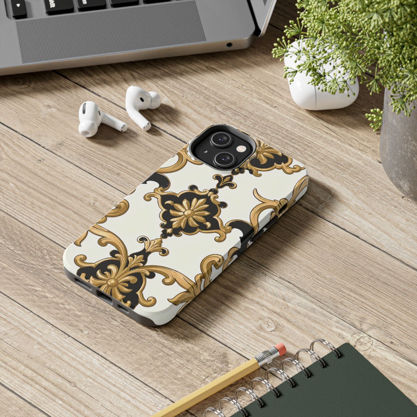 Elegant Floral Tough Phone Cases, Durable Phone Cover, Stylish Phone Accessories, Gift for Her, Chic Phone Cases - Black & Gold Rococo