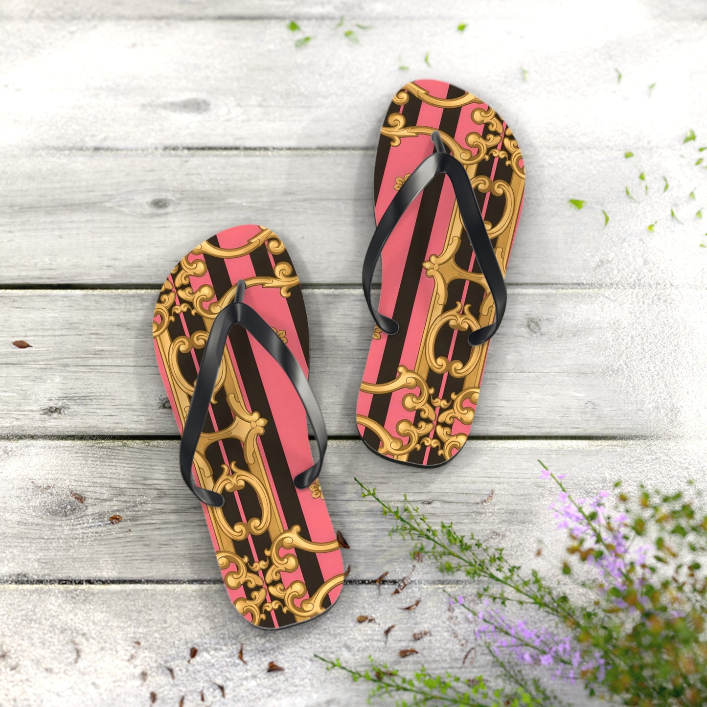 Chic Patterned Flip Flops - Stylish Summer Sandals, Beach Footwear, Pool Slides, Vacation Essentials, Gift for Her - Pink & Black Striped Gold Baroque