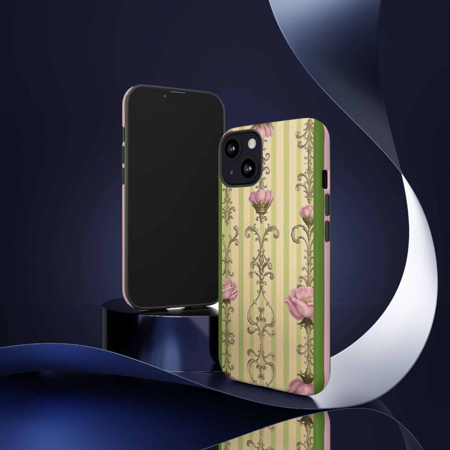 Elegant Floral Motif Phone Case - Tough Cases with Vintage Design - Lime Green & Pink Striped Damask